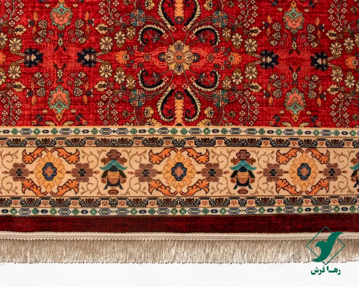 فرش ابریشم ماشینی 202738 لاکی حاشیه کرم