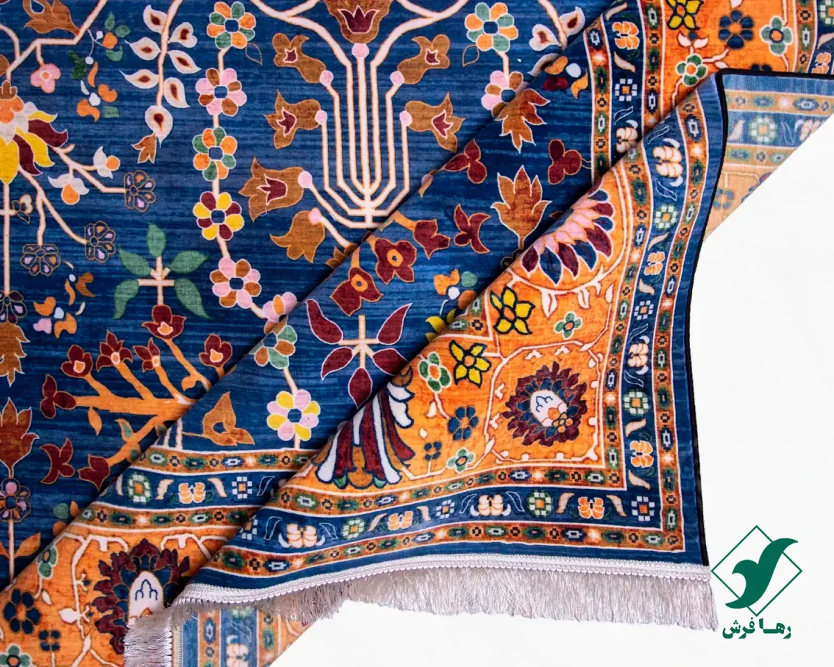 730300-7.webp فرش ابریشم ماشینی 730300 آبی حاشیه آجری