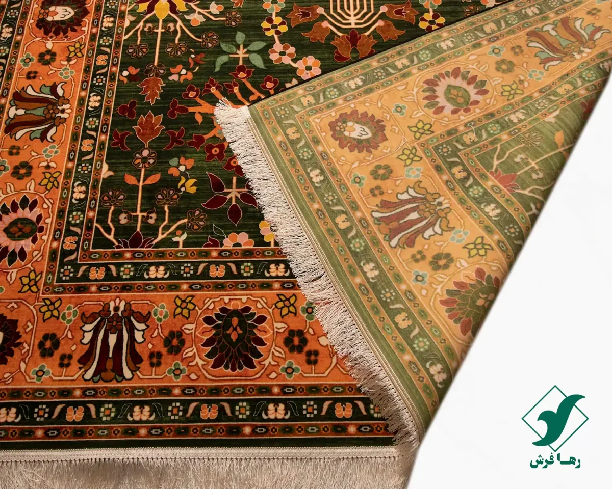 فرش ابریشم ماشینی 730302 سبز نارنجی
