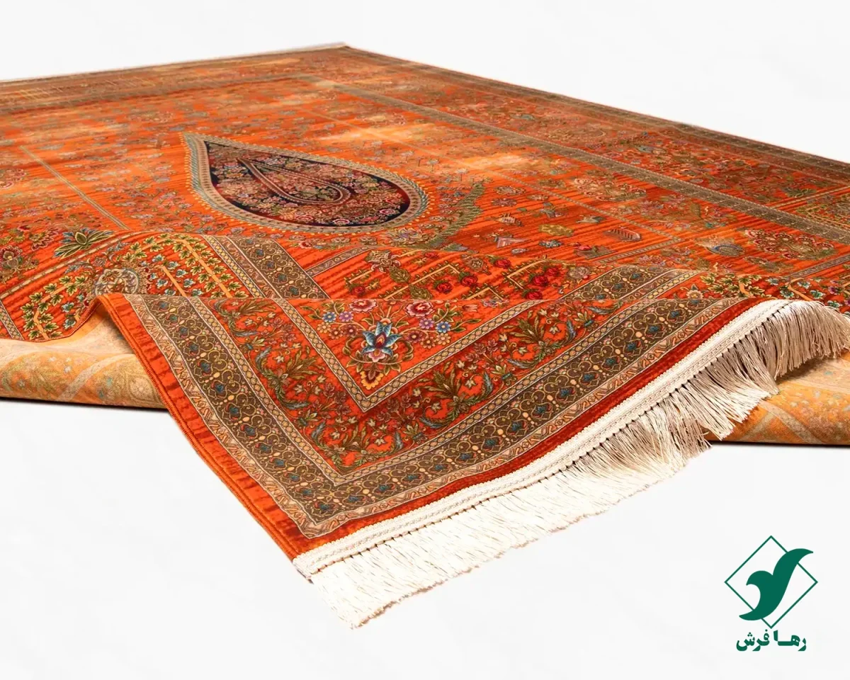فرش ابریشم ماشینی 730901 نارنجی تمام رنگ