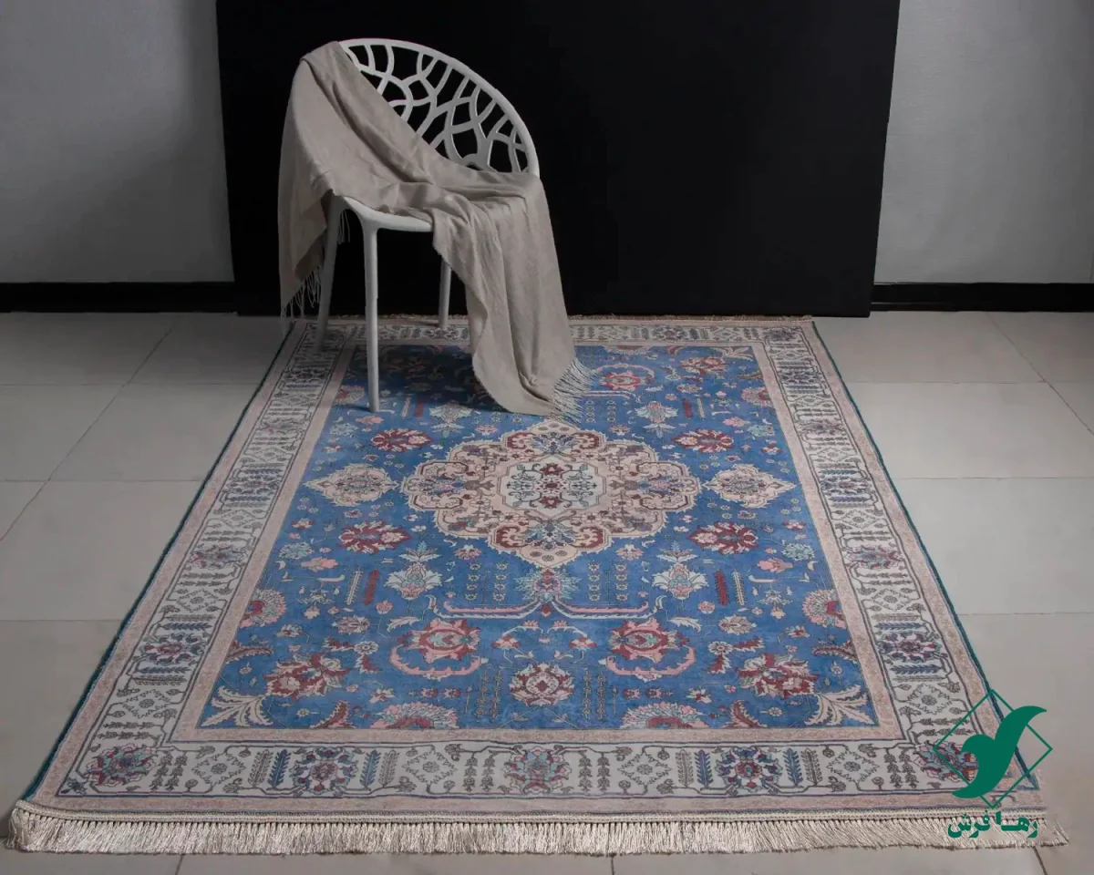 فرش ابریشم ماشینی 743100 آبی کرم