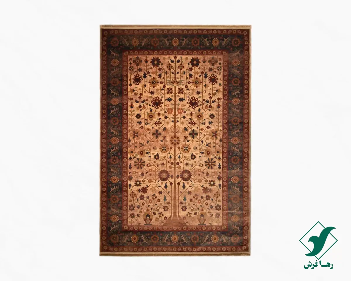 فرش ابریشم ماشینی Z1086 کرم حاشیه سرمه ای