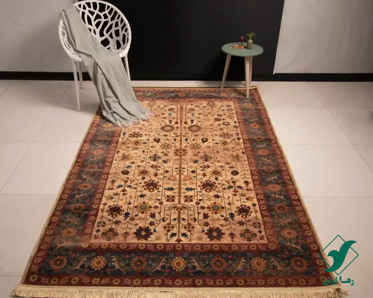 فرش ابریشم ماشینی Z1086 کرم حاشیه سرمه ای