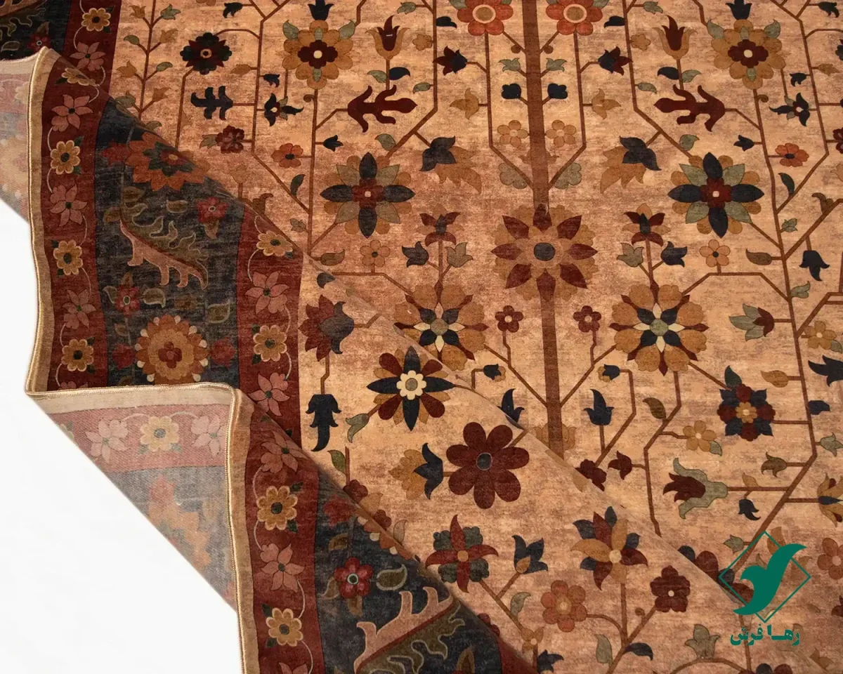 فرش ابریشم ماشینی Z1086 کرم حاشیه سرمه ای