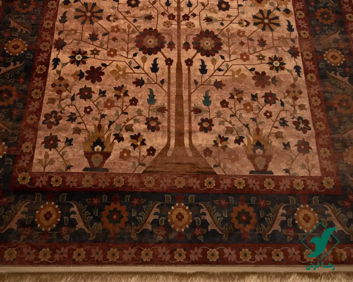 فرش ابریشم ماشینی Z1086 کرم حاشیه سرمه ای