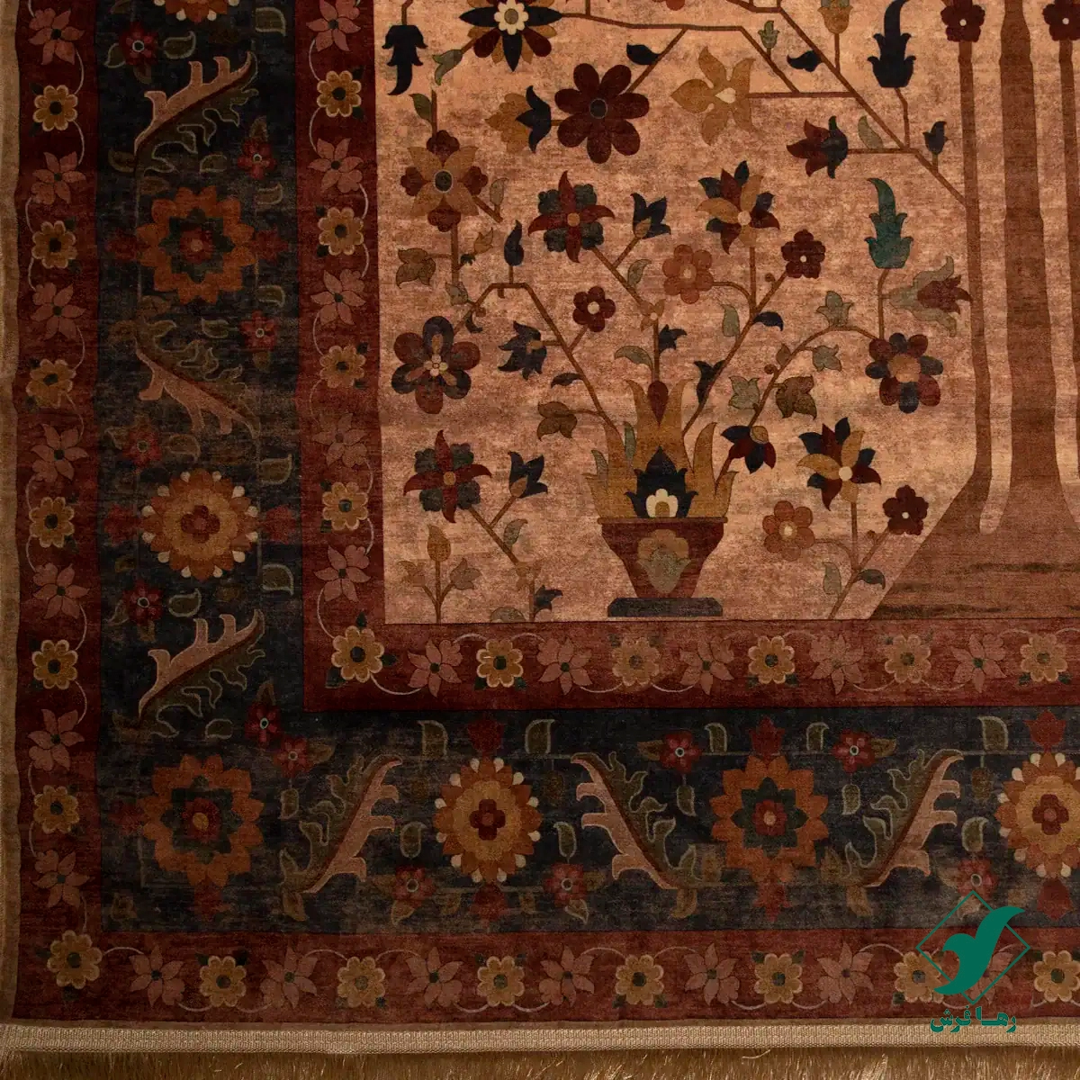 فرش ابریشم ماشینی Z1086 کرم حاشیه سرمه ای