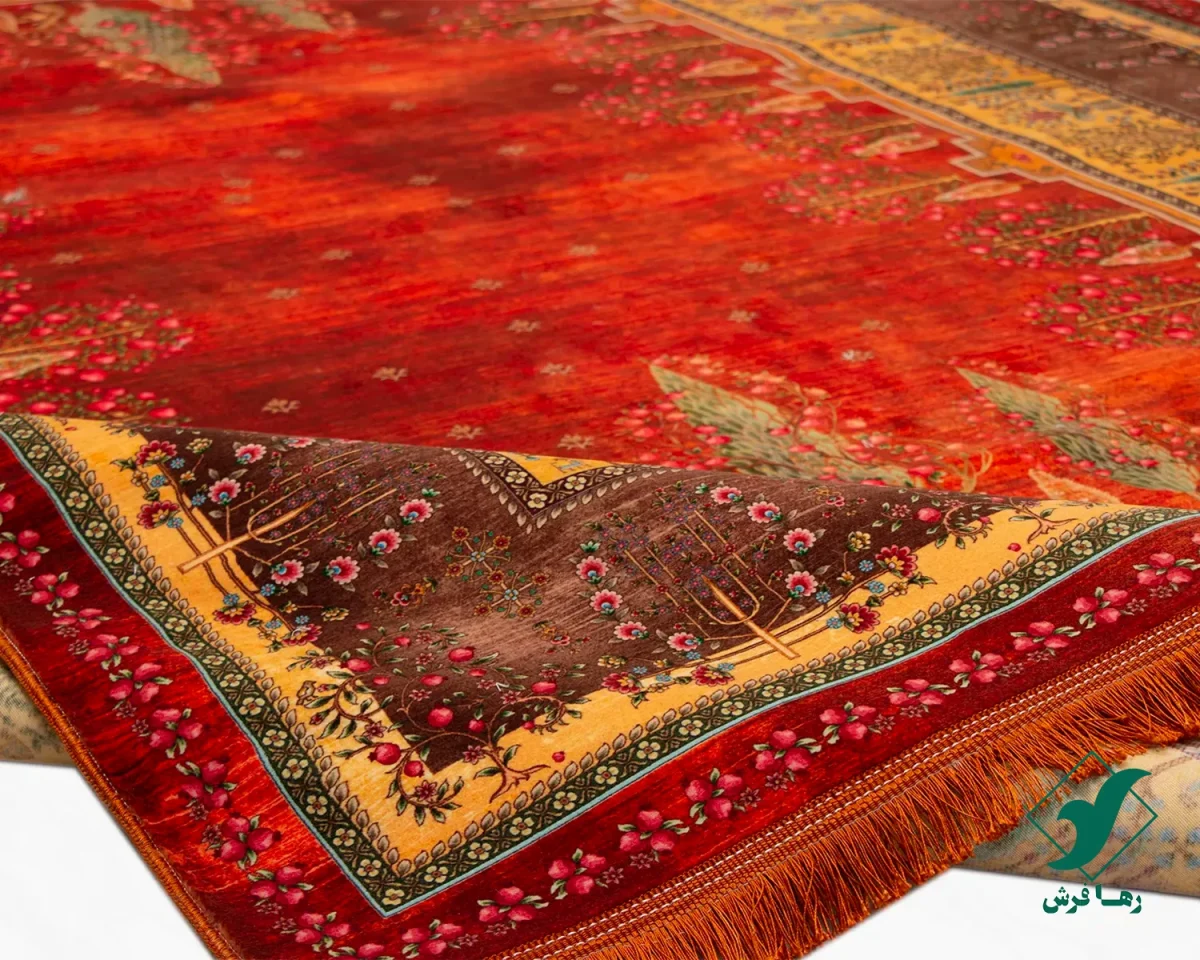 فرش ابریشم ماشینی T1059 لاکی نخودی