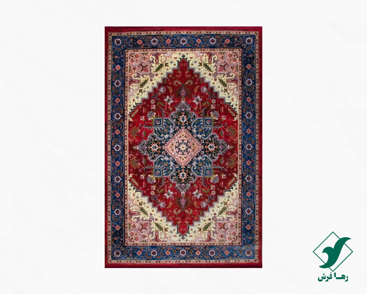فرش ابریشم ماشینی T1089 لاکی حاشیه آبی