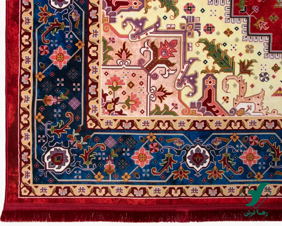 فرش ابریشم ماشینی T1089 لاکی حاشیه آبی