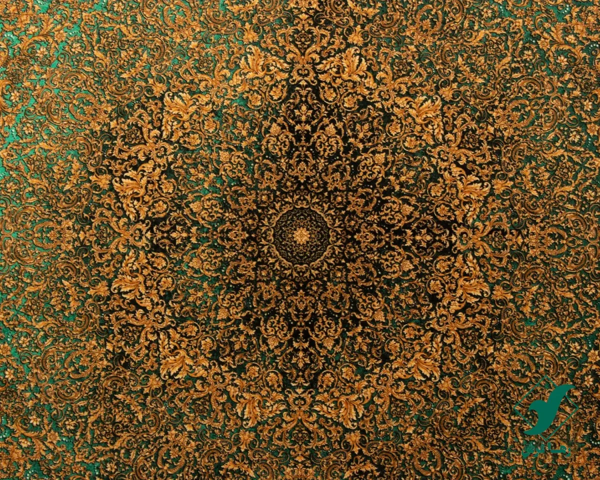 فرش ابریشم ماشینی B1061 سبز طلایی