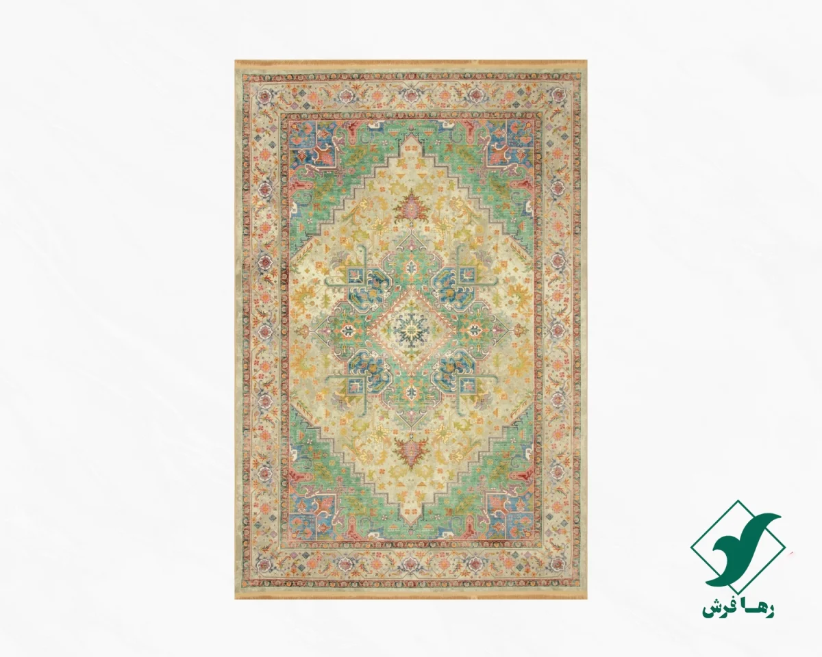 فرش ابریشم ماشینی T1091 کرم سبز