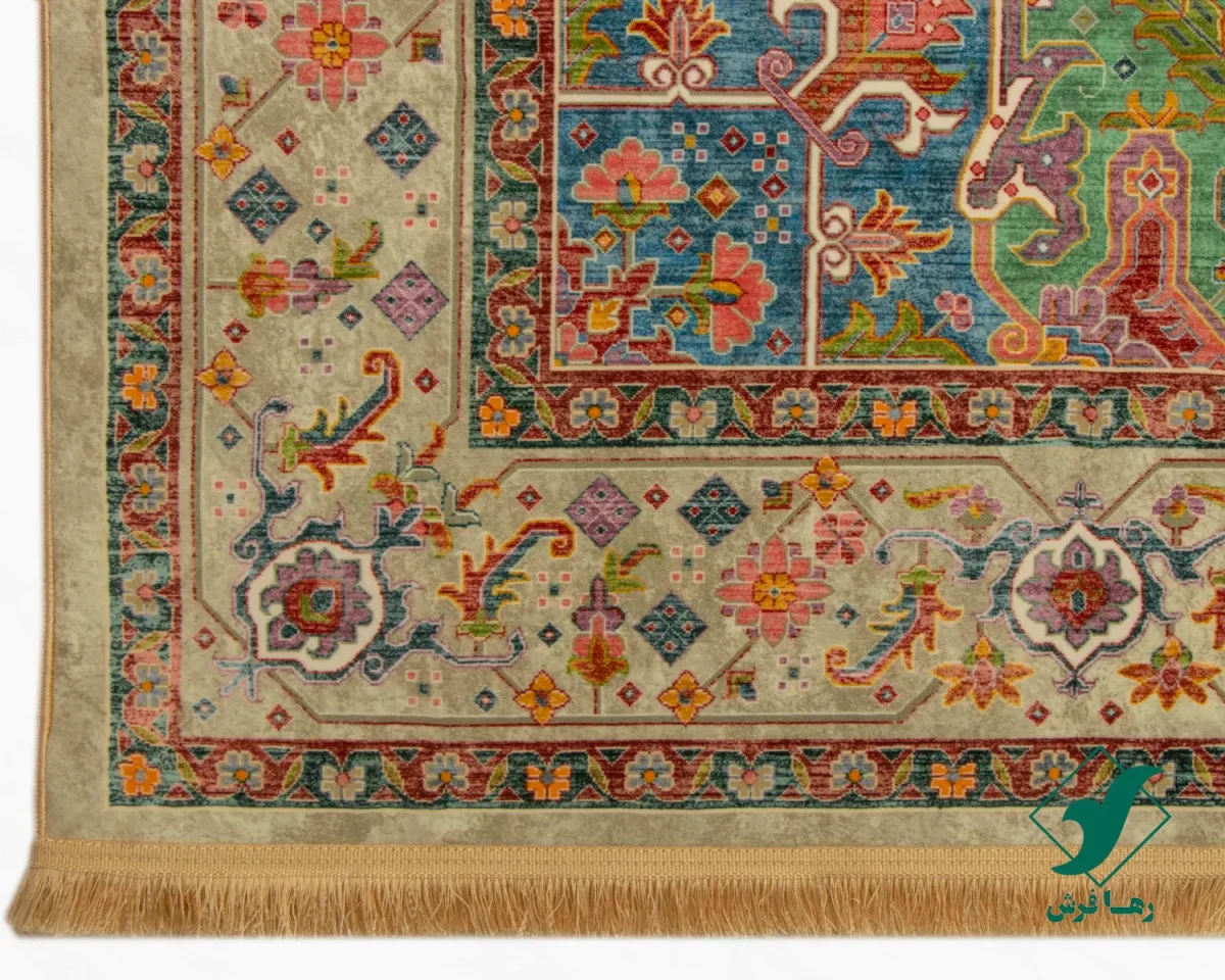 فرش ابریشم ماشینی T1091 کرم سبز